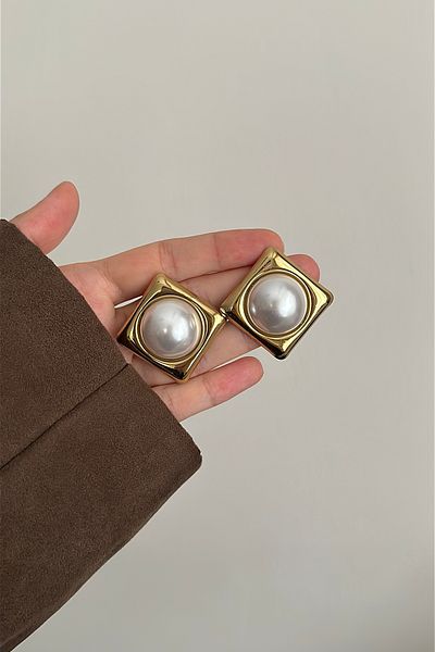 Okko Store Steel Square Pearl Earrings