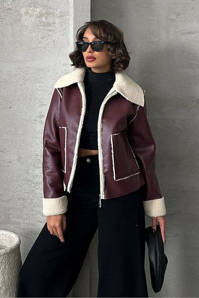 SUN STYLE Bordo Leather Inside Fur Coat