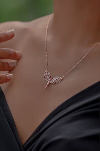 Silver Rose Renk Sevgililer Günü Özel 925 Ayar Gümüş Melek Kanatlı Kolye – Ta...