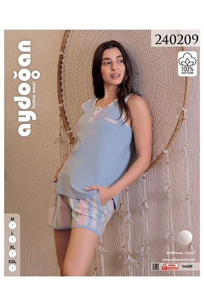 Aydoğan Set de pijamale pentru femei de culoare albastră, 100% bumbac, cu bretele cu gât, cu pantaloni scurți 240209