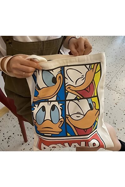 Cemira Donald Duck Tasarım Kalın Kanvas Rips Omuz Çantası, Kanvas Çanta, Pint...