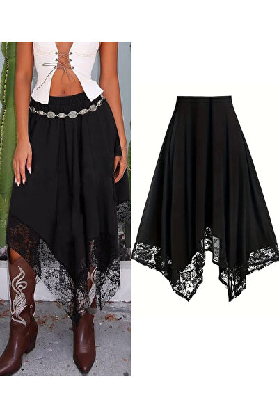 BENİMOLMALI Dikişsiz Etek Asimetrik Midi Boy Etek Dantelli Yüksek Bel Beli Lastikli Etek