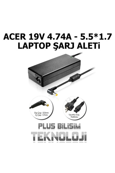 ACER 19v 4.74a 5.5*1.7 Adaptör, Laptop Şarj Aleti, Sarı Uç, Standart 3.42 Uyumlu