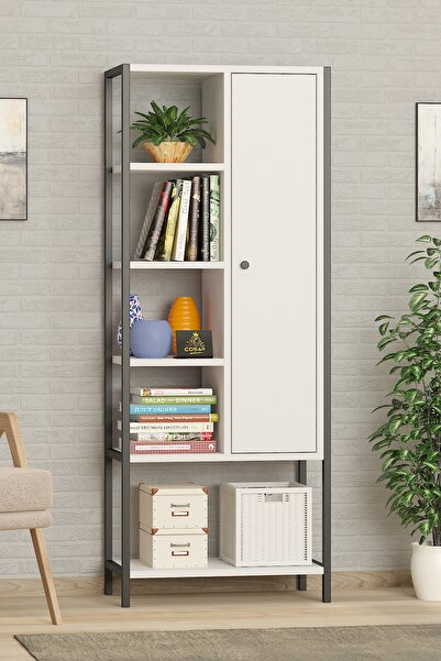 Cosargroup Dekoratif Çok Amaçlı Dolap Kitaplık Kapaklı 8 Raflı Malzeme Dolabı Ofis Dosya Elbise Dolabı Beyaz