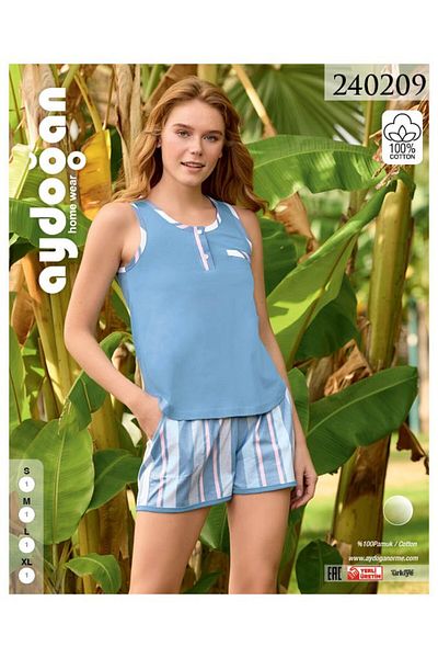 Aydoğan Set de pijamale pentru femei de culoare albastră, 100% bumbac, cu bretele cu gât, cu pantaloni scurți 240209