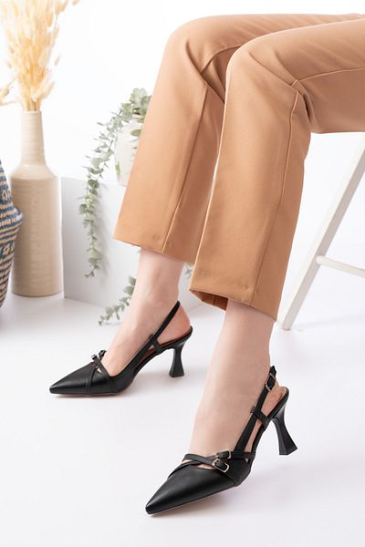 Nubbock Women's Black 2 Belt Detailed Thin Heeled Sandals Heeled Shoes Nk3010