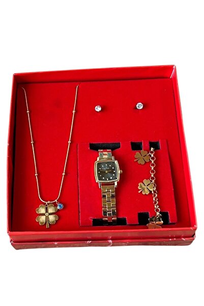 ESNASTORE Gold Yonca Kadın Bileklik Kolye Saat Seti