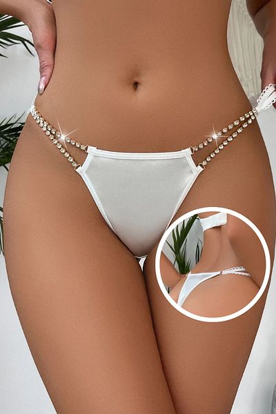 RUKOD Chiloți albi, fără sudură, cu detalii de piatră strălucitoare, lenjerie sexy roșie, bikini tanga