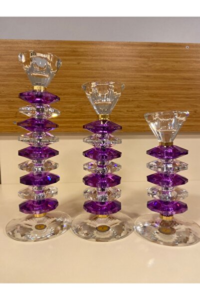 PLUS HOME ŞAMDAN MUMLUK 3'LÜ KRİSTAL EL YAPIMI MOR ŞEFFAF 27 22 18 CM