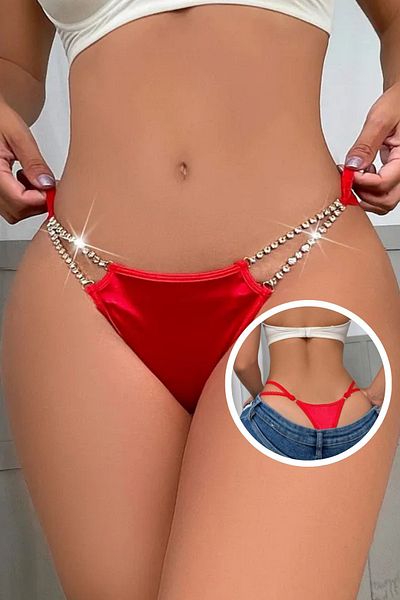 RUKOD Women's Red Seamless Shiny Stone Detailed New Year's Panties, Sexy Lingerie String Thong Bikini