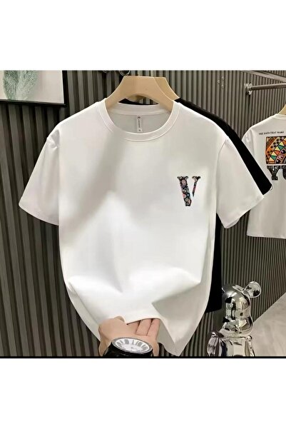 caddekombin Göğüs V  Baskılı  Erkek  Pamuk Penye Bisiklet Yaka Beyaz T-shirt