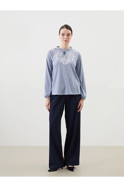 LC Waikiki Grace Blue Lace-Up Collar Floral Women's Blouse