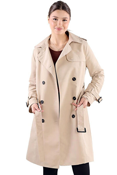 MissKybele Kruvaze Ceket Yaka Düğmeli Uzun Kol Çift Cep Apoletli Astarlı Diz Altı Midi Boy Kuşaklı Trençkot