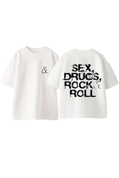 Anetos Drucs Rock Roll T-shirt cu imprimeu pe spate din bumbac alb oversized