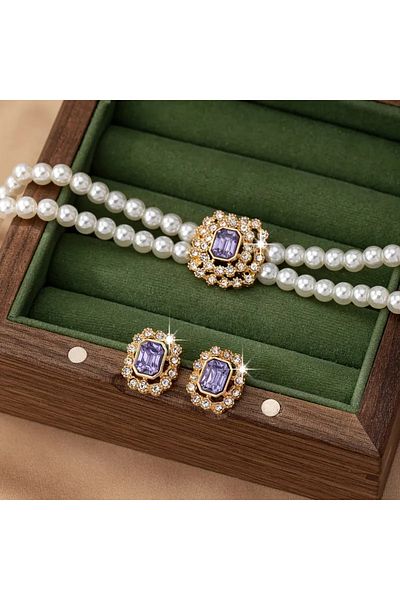 JELLYWEAR Luxurious Elegan Double Rows Pearls Set Jade Stone Accent Bracelet & Earrings, Acrylic Daily Wear