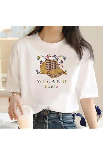 caddekombin Tricou alb din bumbac pieptănat pentru femei, cu imprimeu Milano,...