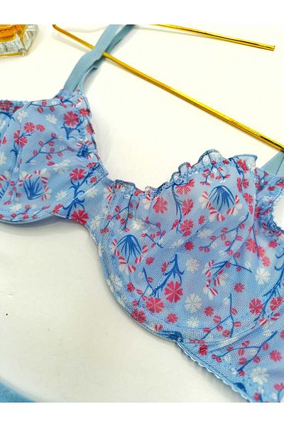 La Linaa Set de sutien chiloți tanga cu imprimeu floral albastru Jasmin