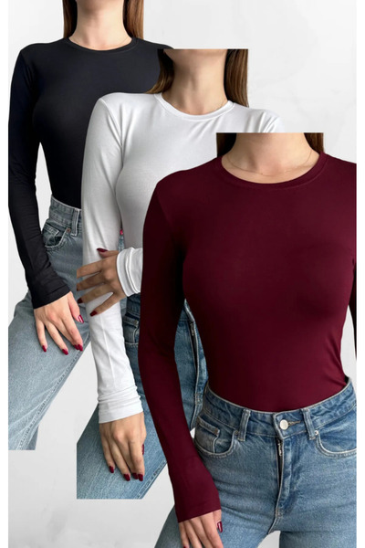 vesantia 3'lü Bisiklet Yaka Basic Uzun Kollu Body