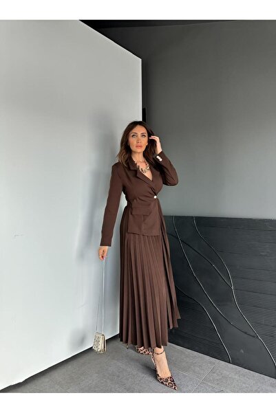 Zerrincan Giyim Kahve Ceket Etek Görünümlü Elbise