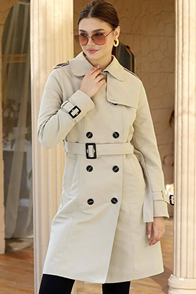 MissThetis Çentikli Kruvaze Ceket Yaka Cepli Uzun Kol Kuşaklı Astarlı Apoletli Düğmeli Cool Midi Boy Trençkot