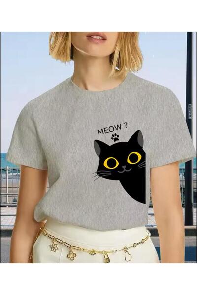 caddekombin Γκρι μπλουζάκι με λαιμόκοψη από βαμβακερό χτενισμένο βαμβάκι με σ...