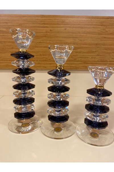PLUS HOME ŞAMDAN MUMLUK 3'LÜ KRİSTAL EL YAPIMI FÜME ŞEFFAF 27 22 18 CM