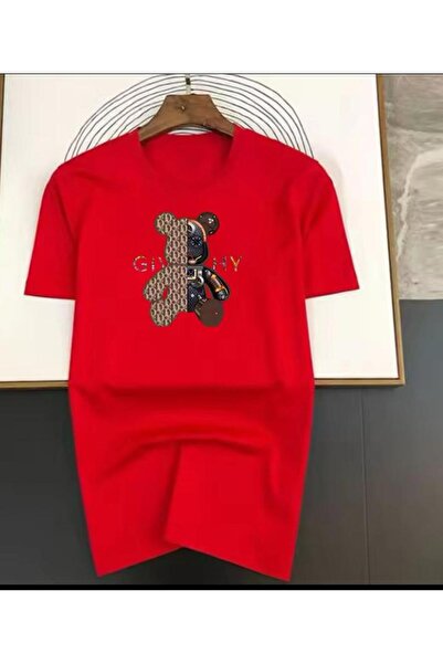 caddekombin Robot Teddy Bear Printed Men's Cotton Combed Round Neck Red T-Shirt