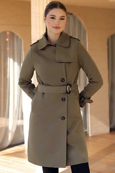MissThetis Çentikli Kruvaze Ceket Yaka Cepli Uzun Kol Kuşaklı Astarlı Apoletli Düğmeli Cool Midi Boy Trençkot