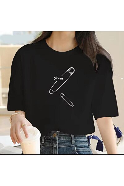 caddekombin تي شيرت نسائي مطبوع عليه دبوس أمان قطن نسائي ممشط برقبة كرو أحمر