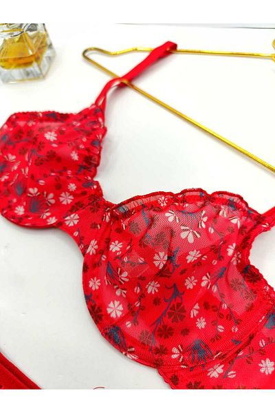 La Linaa Jasmin Red Floral Print Thong Panty Bra Set