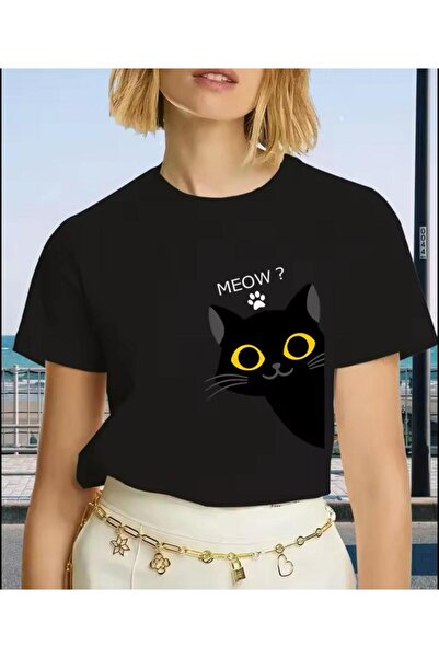 caddekombin تي شيرت نسائي من القطن الممشط برقبة دائرية مطبوع عليه قطة جانبية ...