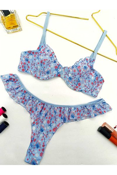 La Linaa Set de sutien chiloți tanga cu imprimeu floral albastru Jasmin