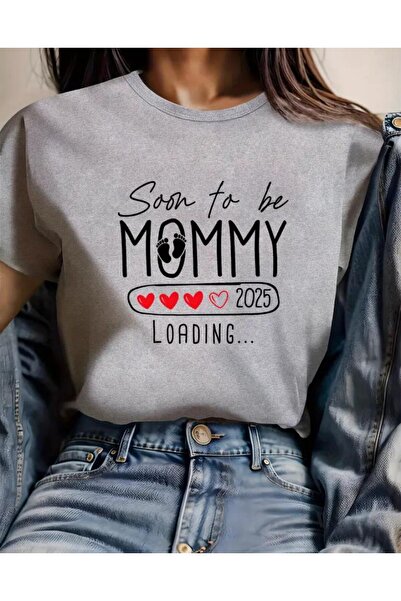 caddekombin Mommy Printed Women's Cotton Combed Crew Neck Gray T-Shirt