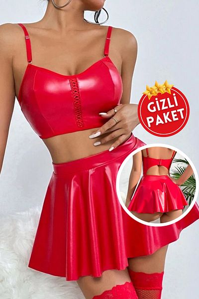 RUKOD Women's Red Mini Skirt Bustier Lame Faux Leather Strap Low-Cut Ruffle Skirt Mini Dress
