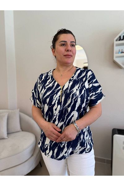 garajmood Bluză de mărime mare cu model albastru, cu fermoar și cu mâneci