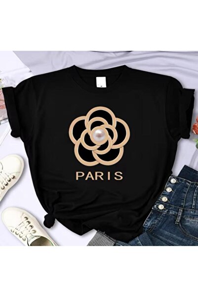 caddekombin تي شيرت نسائي من القطن الممشط برقبة دائرية باللون الأسود مطبوع عل...