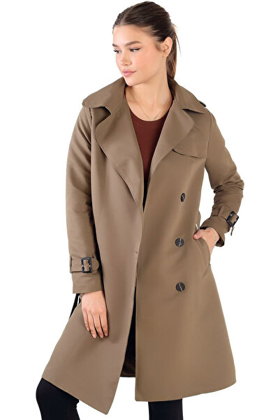 MissThetis Çentikli Kruvaze Ceket Yaka Cepli Uzun Kol Kuşaklı Astarlı Apoletli Düğmeli Cool Midi Boy Trençkot