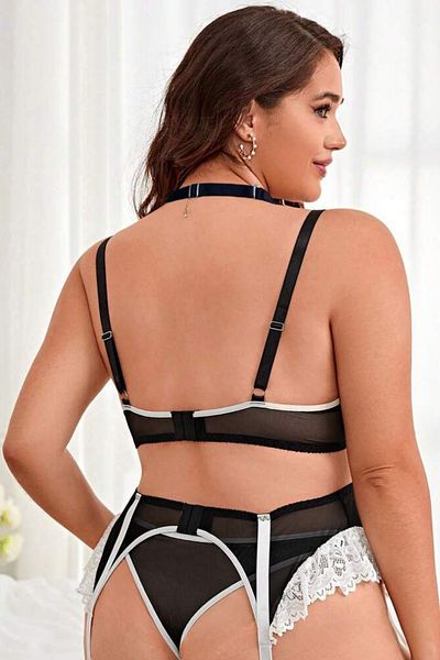 RUKOD Women's Plus Size Black and White Adjustable Rope Strap Maid Garter Suit Fancy Nightgown