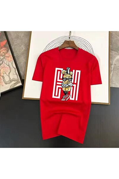 caddekombin Ανδρικό μπλουζάκι από βαμβακερό χτενισμένο κόκκινο μπλουζάκι με σ...