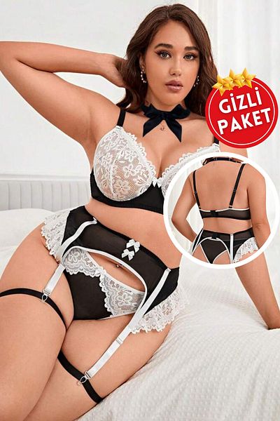 RUKOD Women's Plus Size Black and White Adjustable Rope Strap Maid Garter Suit Fancy Nightgown