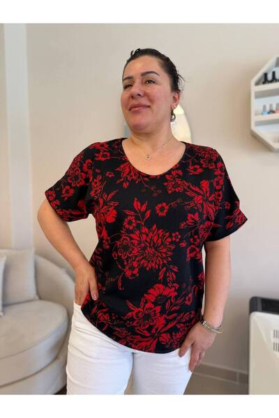 garajmood Kırmızı Çiçek Desenli Omzu Yırtmaç Detaylı Büyük Beden Bluz