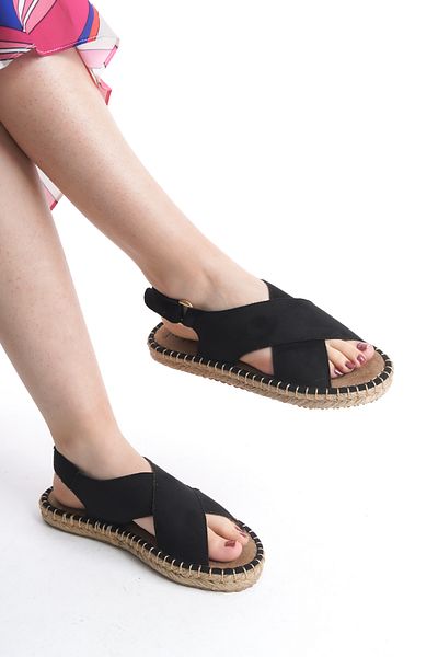 MARSEDO Sandale de zi cu velcro cu spatele deschis, cu talpă de paie Ibiza