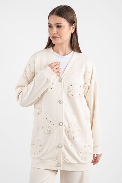 Bold Grup Γυναικεία Κρέμα Scuba Tulle Flower And Pearl Button Ζακέτα-παντελόνι Hijab Σετ