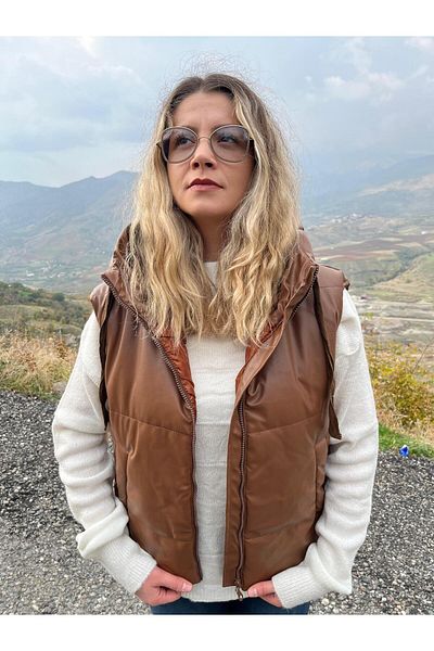 hot fashions Brown Faux Leather Hooded Puff Vest & Sleeveless Puff Coat - Size Max42