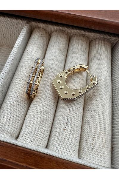 Jerie Gold Zircon Stone Plate Detailed Design Big Hoop Earrings
