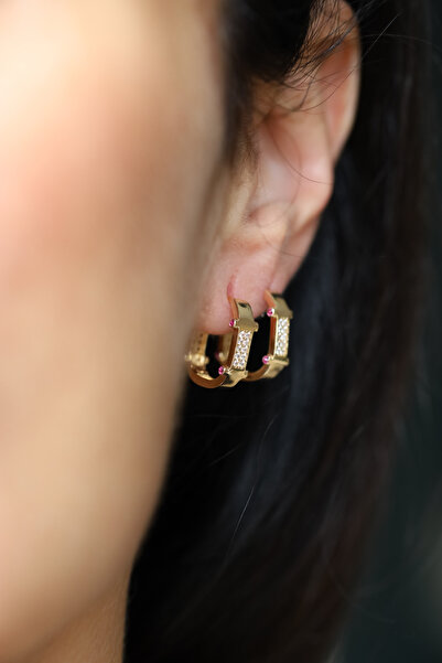 Yenigün Kuyumculuk 14 Ayar Altın Pembe Kuvars Detaylı Taşlı Oval Küpe