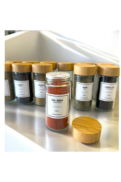 vanilinkitchen Tohana Set of 12 Glass Round Spices with Bamboo Lid and Sticker Gift