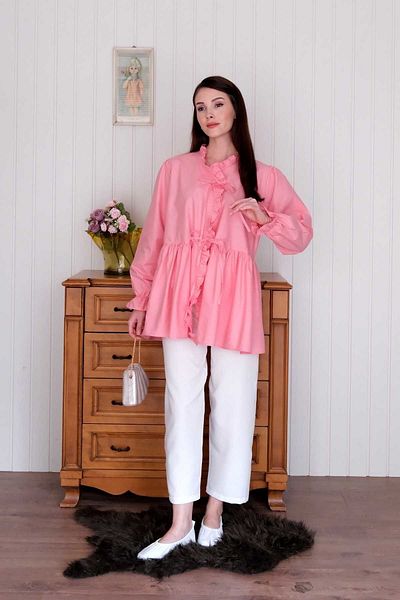Ceylan Otantik Coral Pink Ruffled Tie-Up Tunic & White Tube Leg Trousers Set