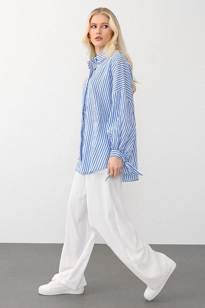 Olcay Set cămașă și pantaloni cu dungi cu talie elastică - ALBASTRU 7939-TK