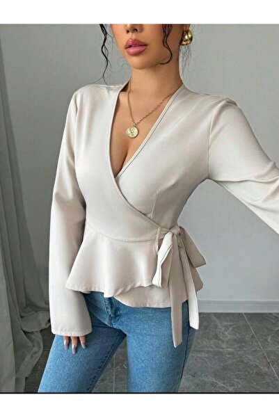 Moda Monisa διπλό πέτο Μπλούζα Oyssho με δεμένο πλάι στο λαιμό – Κομψό και μο...